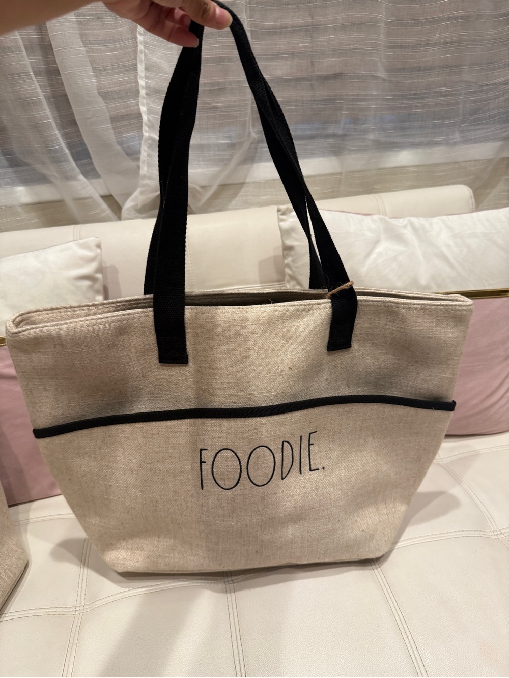 Rae Dunn insulated FOODIE Canvas Tote Bag in Natural with Black Trim